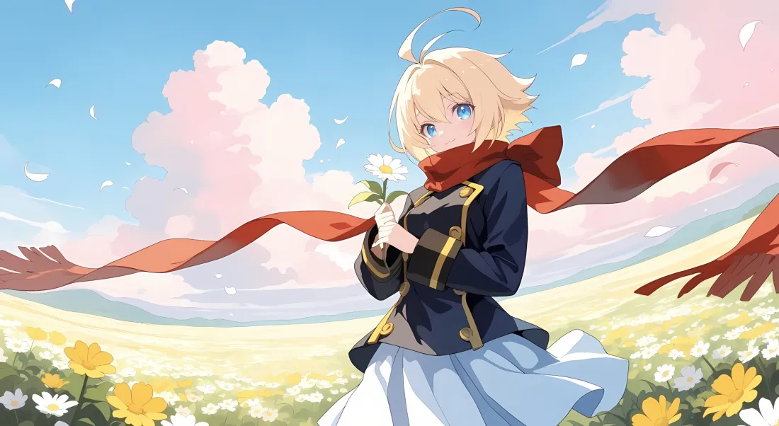 2k（苍翼动漫人物壁纸｜花海蓝天背景图片 - 红色围巾）「哲风壁纸」