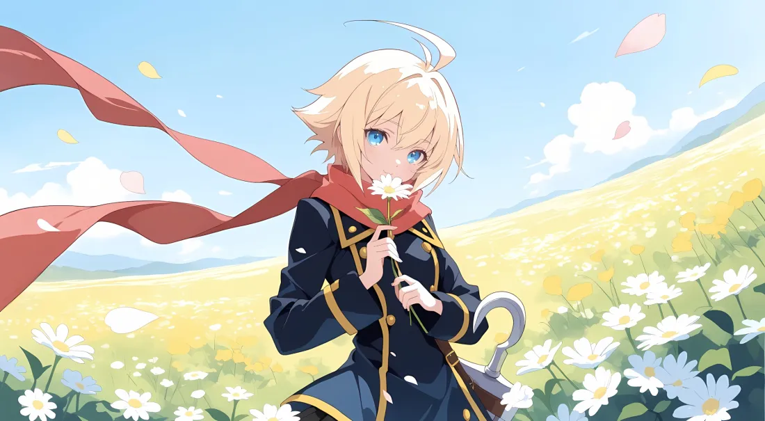 2k苍翼壁纸｜花田背景 - 金发蓝眼动漫人物「哲风壁纸」