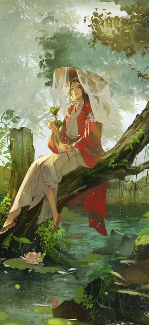 陆轻眉手机壁纸｜古风池塘背景 - 红衣油纸伞「哲风壁纸」