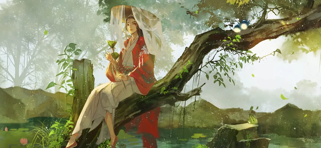 5k陆轻眉壁纸｜古风背景图片 - 树枝红衣坐姿「哲风壁纸」