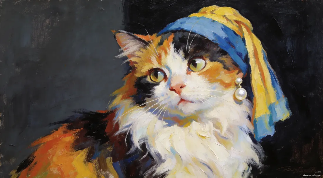 6k戴珍珠耳环的猫壁纸｜油画背景图 - 艺术猫「哲风壁纸」