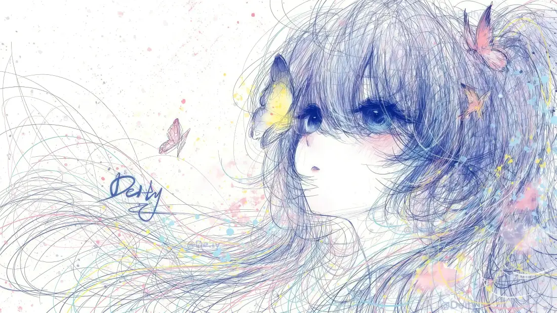 4k蓝发少女壁纸｜蝴蝶背景图片 - 线稿插画「哲风壁纸」