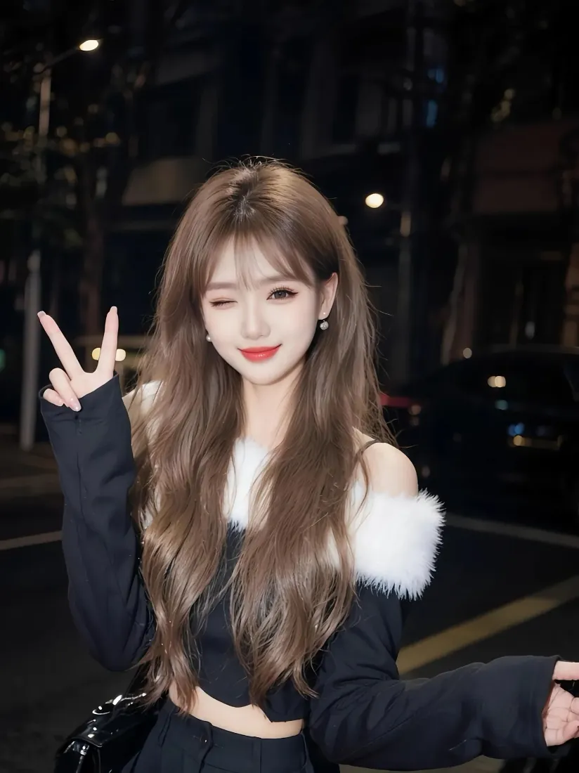 长发美女手机壁纸｜夜晚街道背景图片 - 黑色露肩装「哲风壁纸」