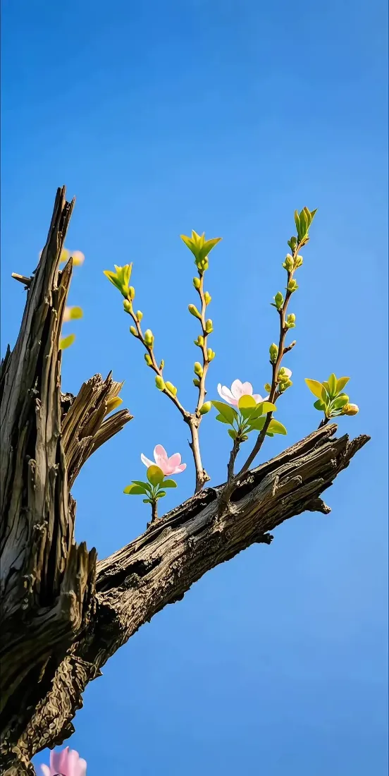 枯木新芽手机壁纸｜蓝天背景图片 - 自然风景「哲风壁纸」