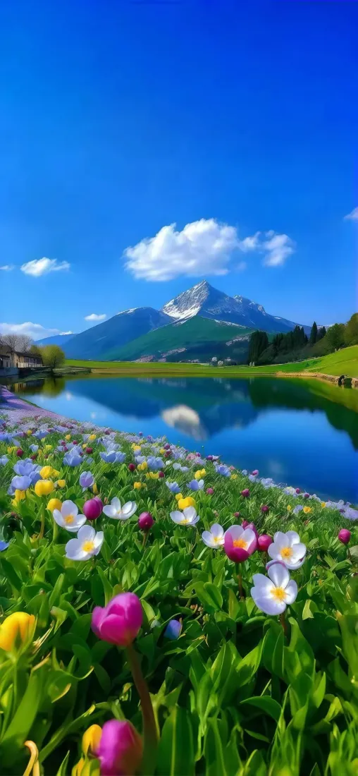 自然风景手机壁纸｜背景图片 - 花海雪山湖泊蓝天「哲风壁纸」
