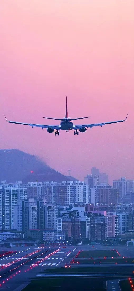 飞机手机壁纸｜城市背景图片 - 粉色天空黄昏「哲风壁纸」