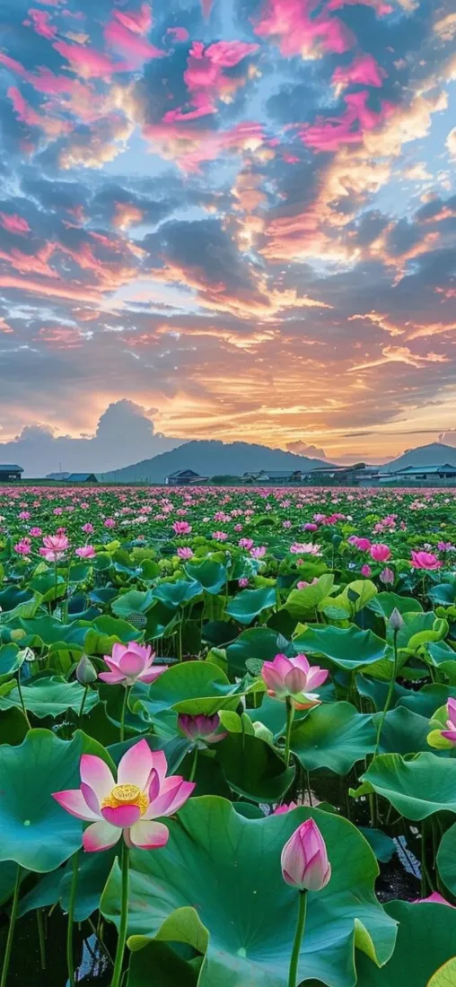 荷花池日落手机壁纸｜自然背景图片 - 粉色荷花晚霞「哲风壁纸」