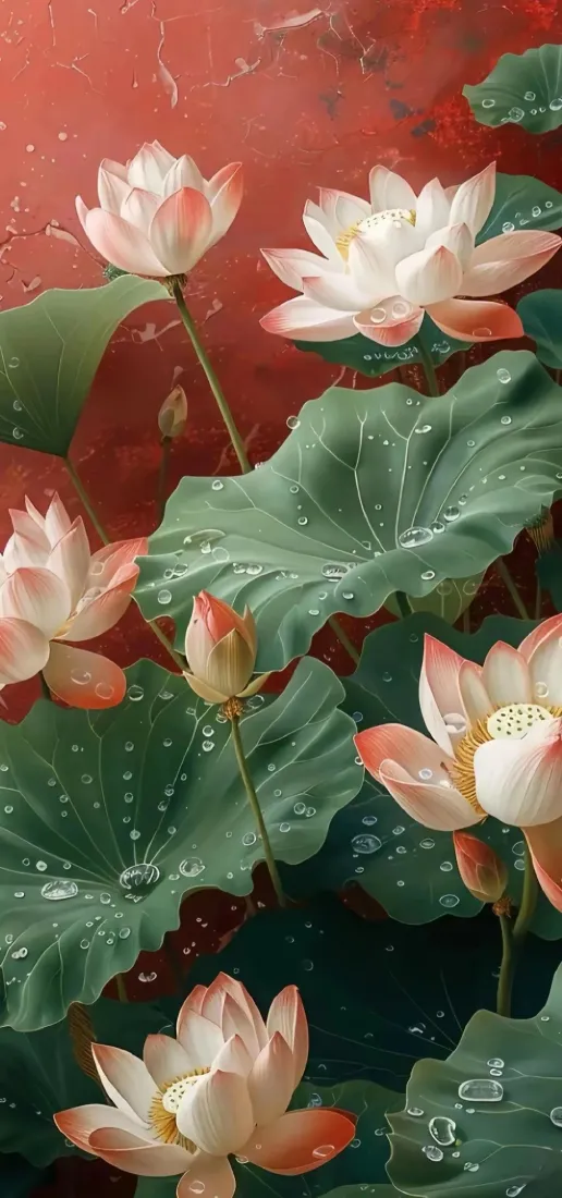 荷花手机壁纸｜红色背景图片 - 古风荷叶水珠「哲风壁纸」