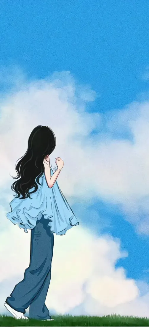黑发蓝衣女孩手机壁纸｜蓝天草地背景图片 - 动漫背影「哲风壁纸」