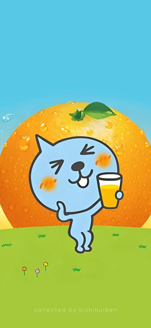 酷儿手机壁纸｜橘子草地背景 - 蓝色小猫饮品「哲风壁纸」