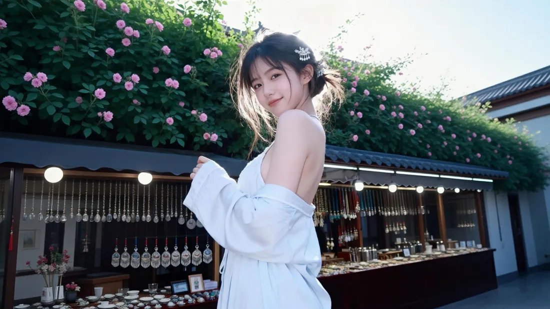 4k古风甜妹壁纸｜饰品摊背景图片 - 白色衣裙「哲风壁纸」