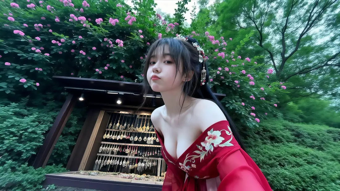 4k红衣古风美女壁纸｜粉色花绿植背景 - 古风甜妹「哲风壁纸」