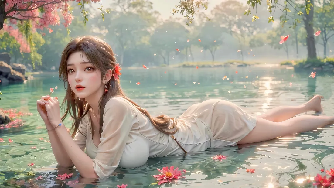 2k水中女子壁纸｜樱花水面背景 - 自然风景花瓣「哲风壁纸」
