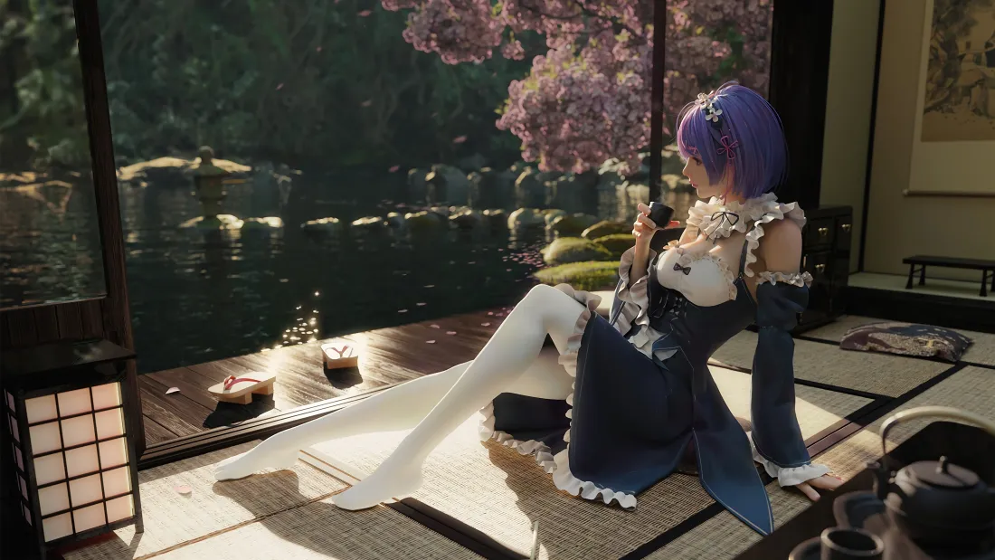 4k紫发动漫人物壁纸｜日式庭院背景图片 - 樱花茶具「哲风壁纸」