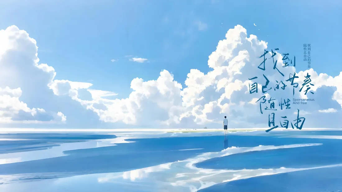 5k自由壁纸｜海洋背景图片 - 蓝天 白云 文字「哲风壁纸」