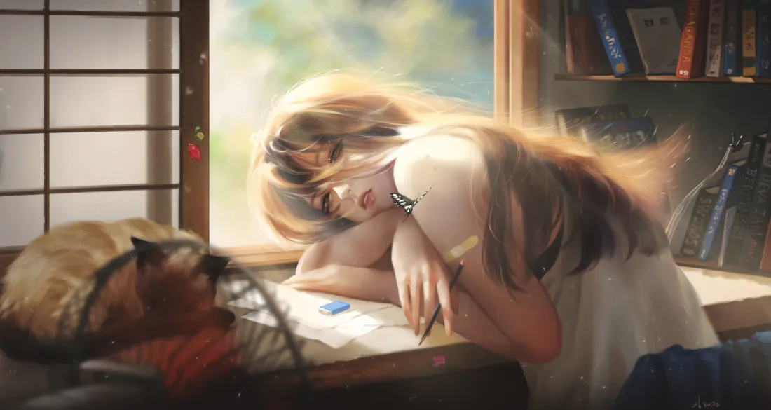 3k女孩安静壁纸｜日式书桌背景图片 - 长发睡颜「哲风壁纸」