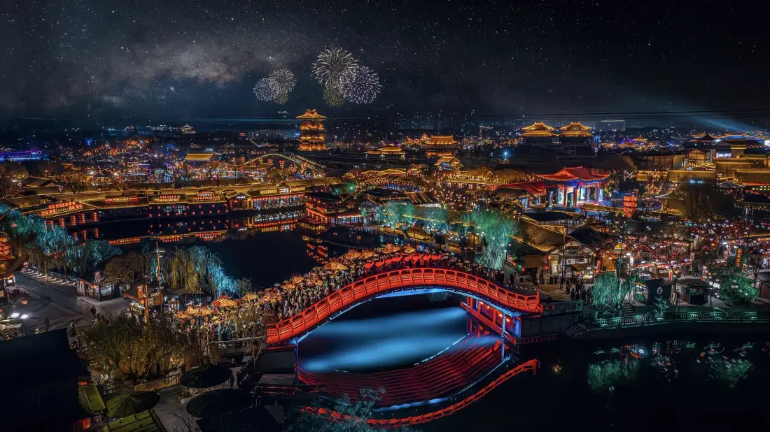 3k开封夜景壁纸｜开封背景图 - 古建筑拱桥烟花「哲风壁纸」