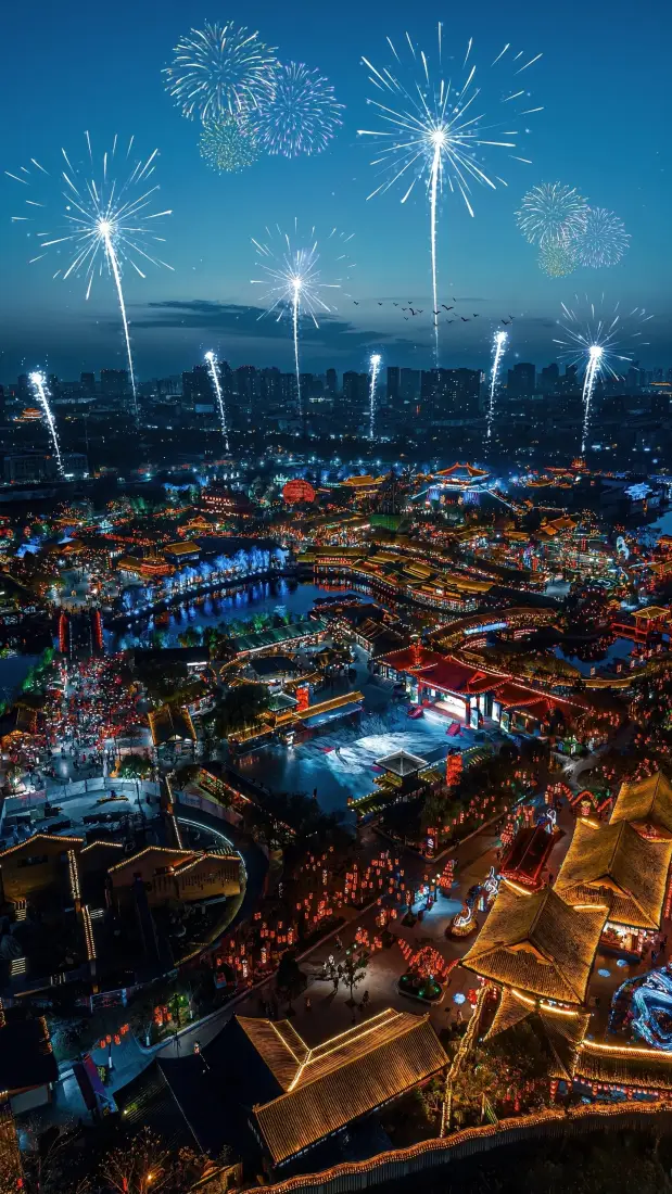 开封城手机壁纸｜开封城背景图片 - 烟花古建筑夜景「哲风壁纸」