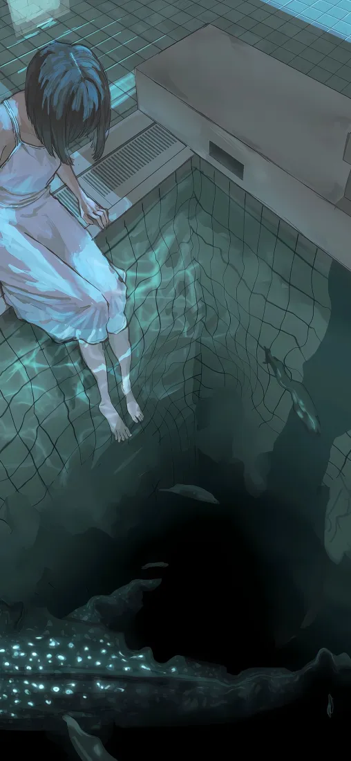 二次元女孩手机壁纸｜黑洞泳池背景 - 白色连衣裙「哲风壁纸」