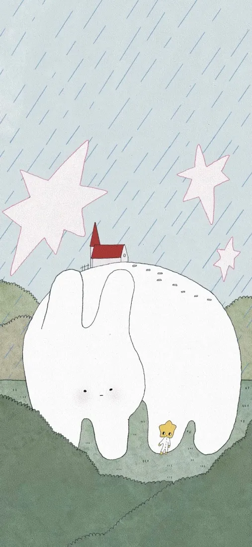 卡通兔子手机壁纸｜雨天背景图片 - 星星红帽山丘「哲风壁纸」
