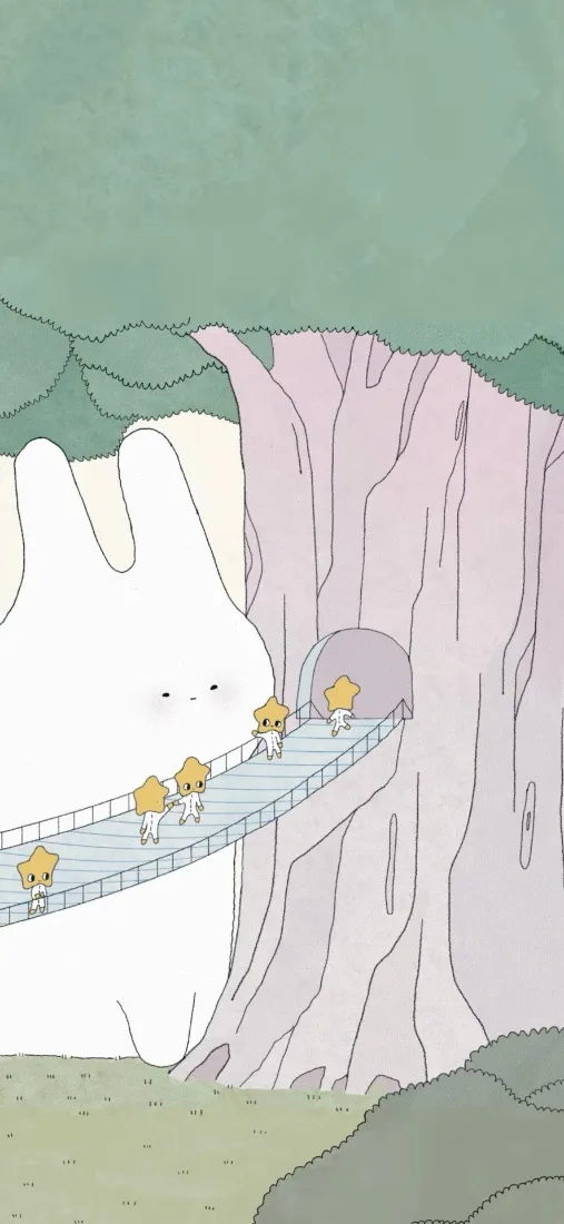 黄色卡通角色手机壁纸｜森林树洞背景 - 可爱小桥手绘「哲风壁纸」