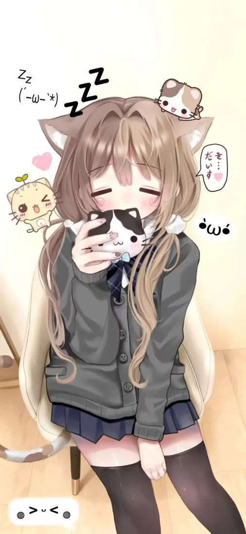猫耳JK少女手机壁纸｜室内背景 - 卡通小动物「哲风壁纸」