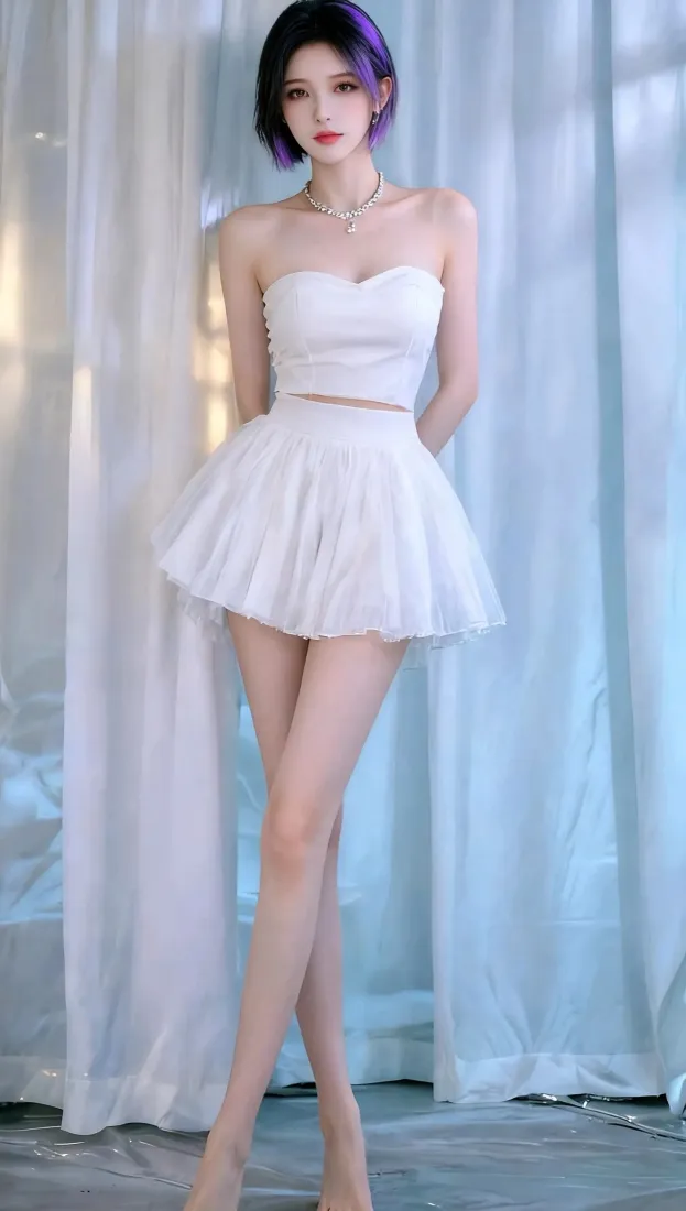 紫发美女手机壁纸｜性感白衣短裙背景图片 - 室内「哲风壁纸」