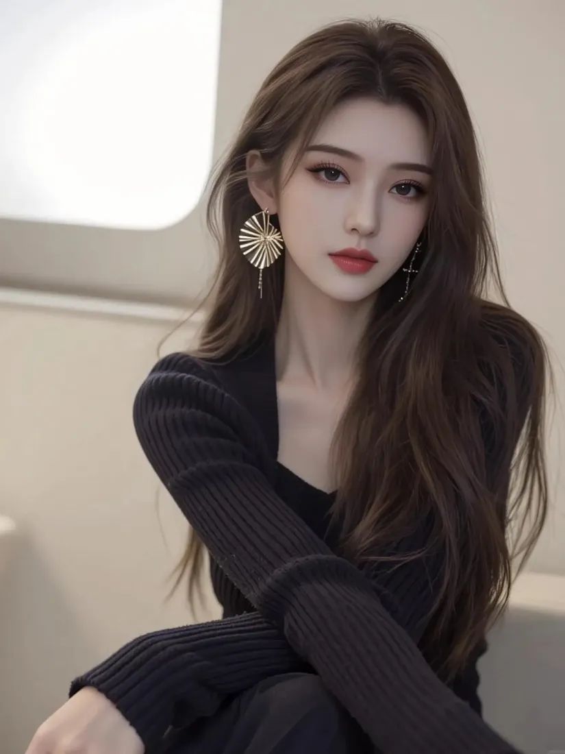 黑衣美女手机壁纸｜室内背景图片 - 性感长发「哲风壁纸」