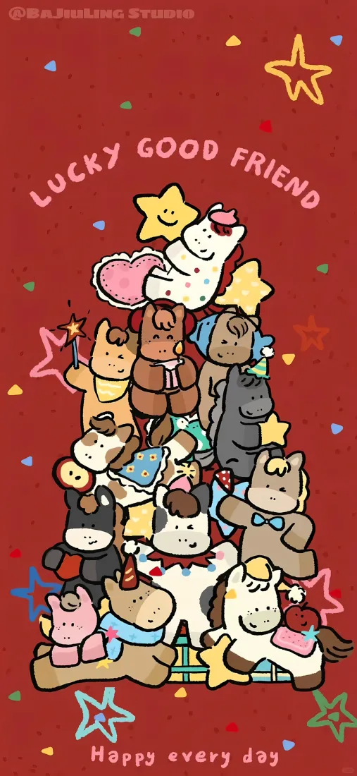 卡通小动物堆叠手机壁纸｜红色背景图片 - 马年2026「哲风壁纸」