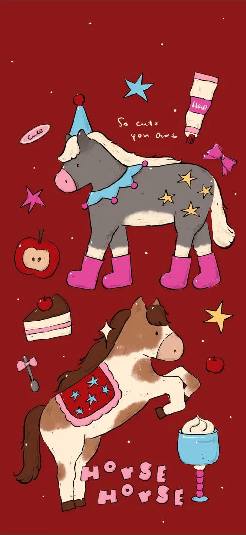 卡通小马手机壁纸｜红色背景 - 马年2026「哲风壁纸」