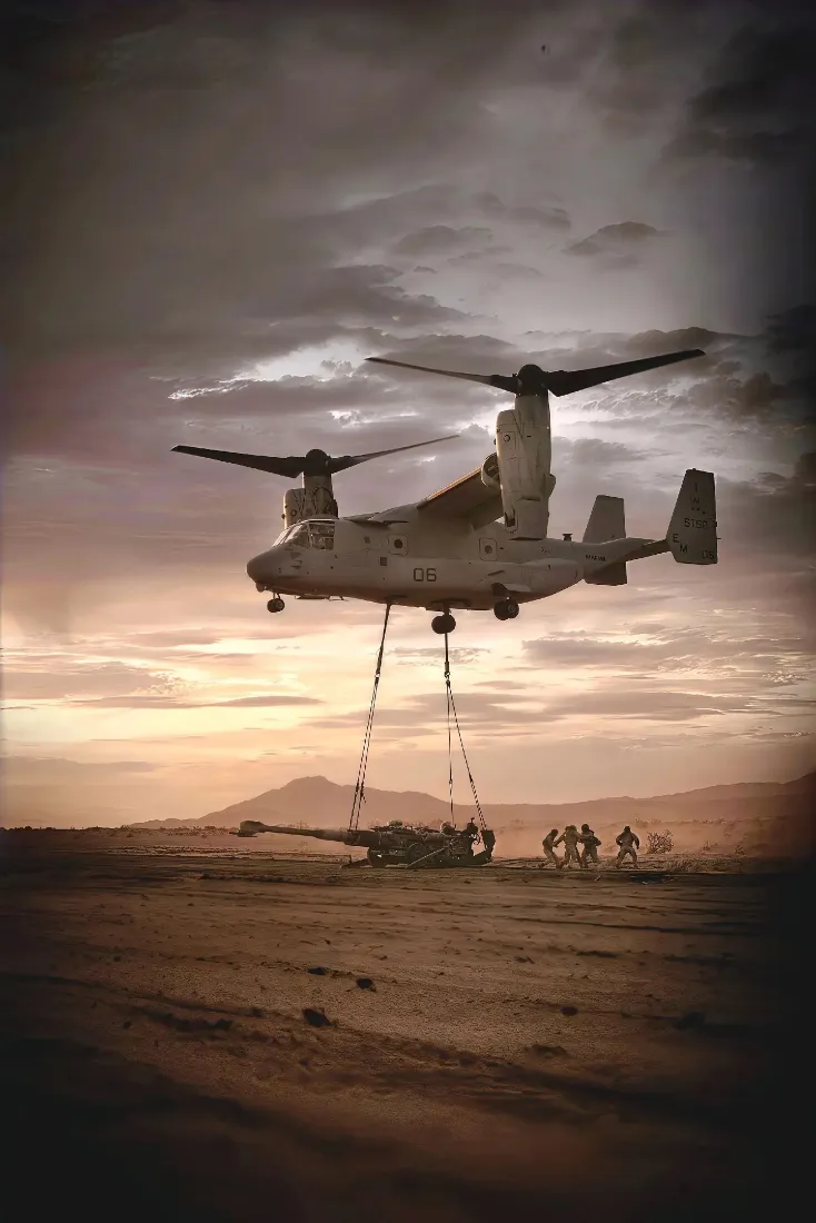 倾转旋翼机手机壁纸｜沙漠黄昏背景图片 - 军事吊运「哲风壁纸」