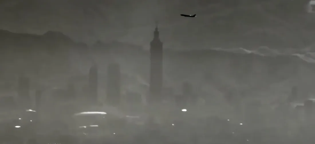 5k灰暗城市雾景壁纸｜飞机背景图片 - 建筑灯光「哲风壁纸」