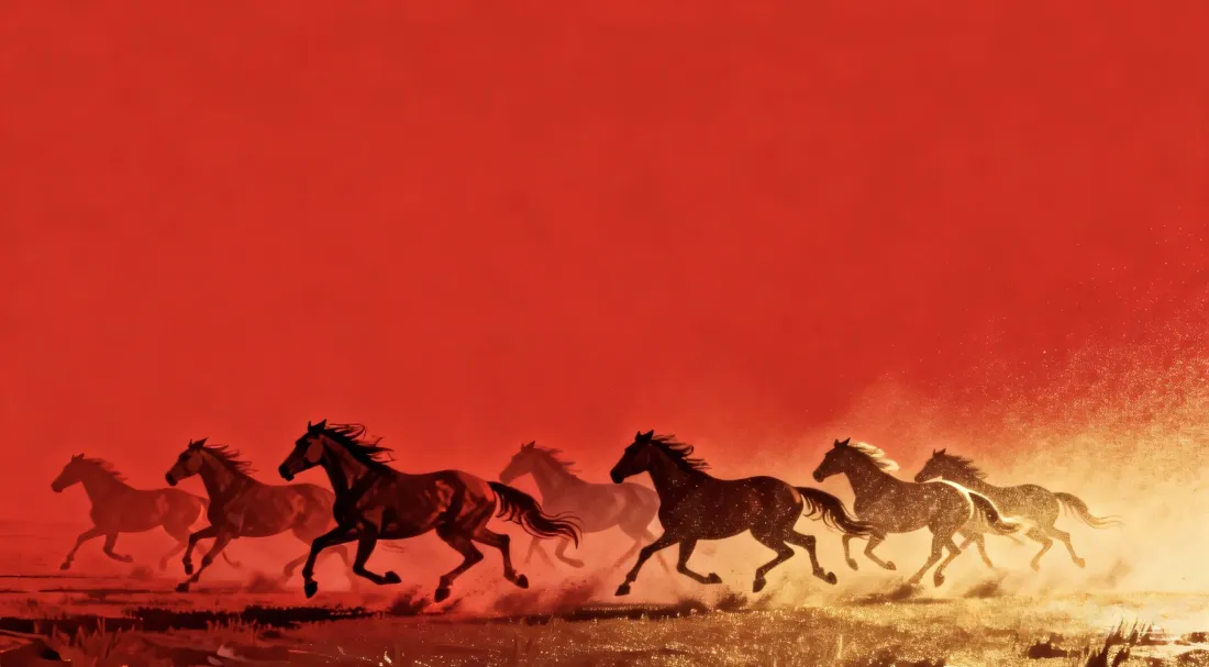 2k万马奔腾2026壁纸｜红色背景 - 骏马奔跑尘土「哲风壁纸」