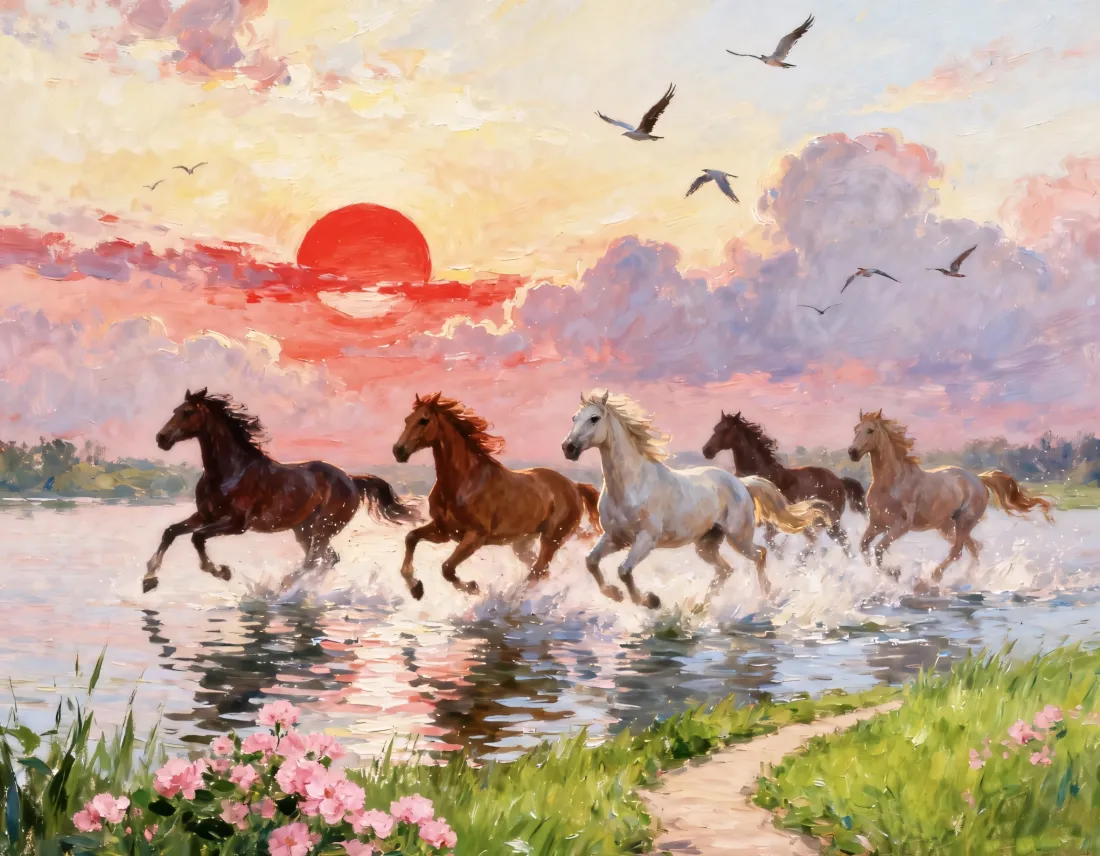 2k万马奔腾壁纸｜湖水夕阳背景 - 飞鸟花草「哲风壁纸」