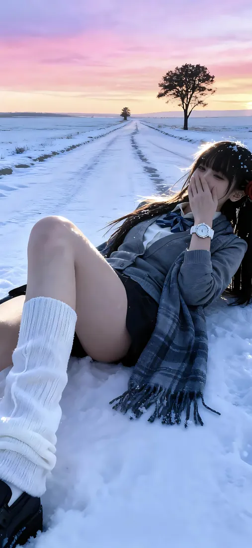 jk制服美女雪地手机壁纸｜雪地背景图片 - 冬日黄昏「哲风壁纸」