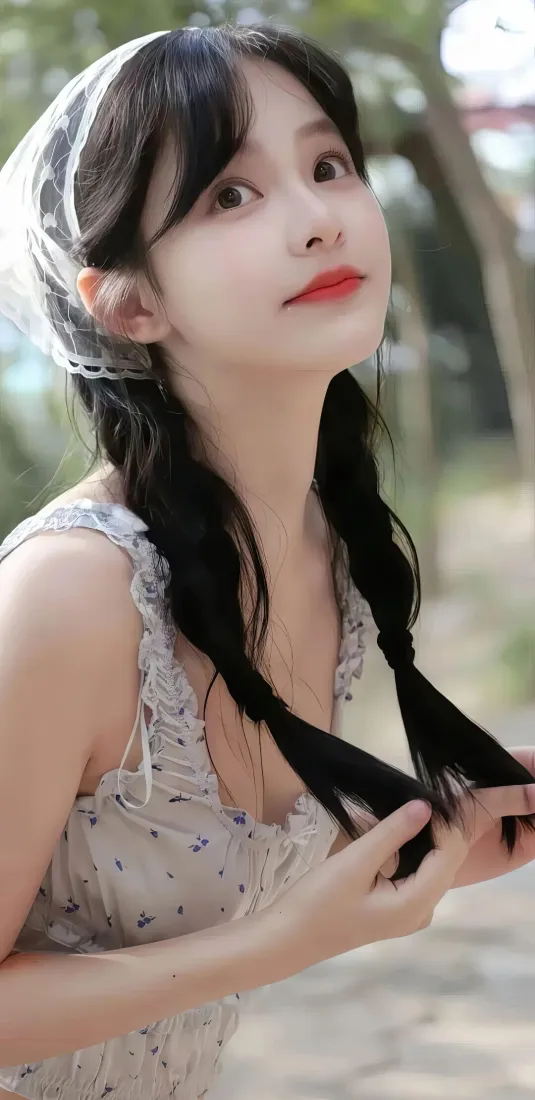 双马尾美女手机壁纸｜树林背景图片 - 浅色碎花裙「哲风壁纸」