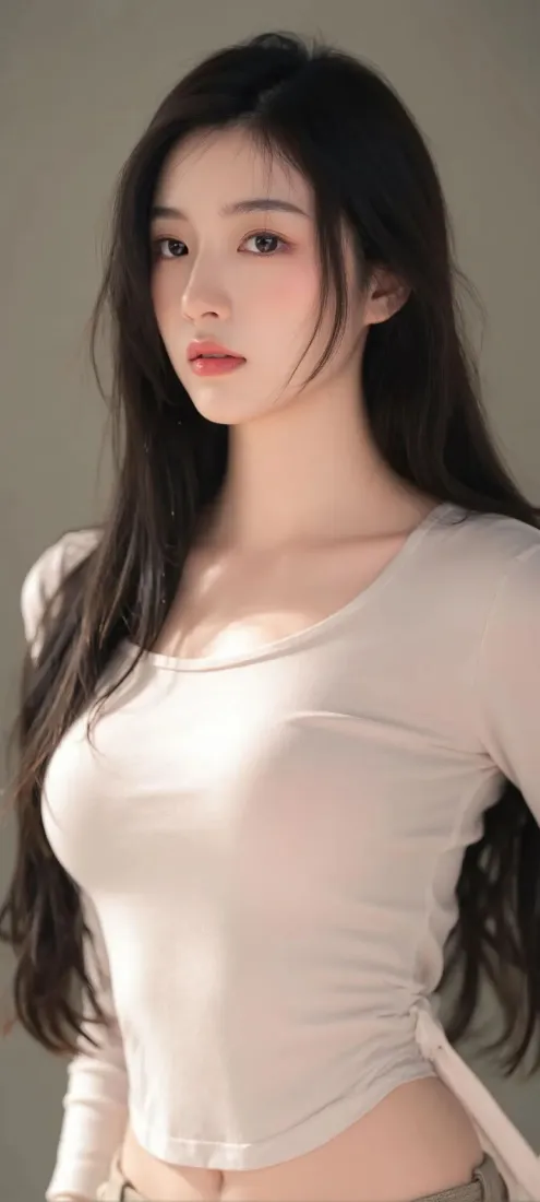 长发美女手机壁纸｜灰色背景图片 - 浅色上衣「哲风壁纸」