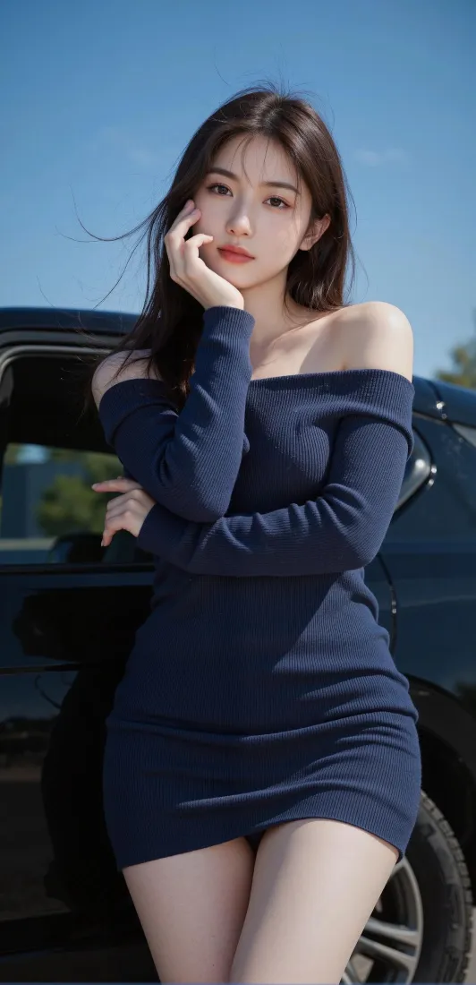 深蓝连衣裙美女手机壁纸｜汽车旁背景 - 蓝天户外「哲风壁纸」