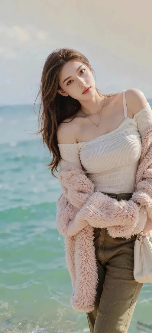 海边美女手机壁纸｜蓝色海景背景图 - 粉色毛绒外套「哲风壁纸」