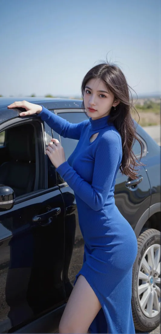 美女蓝色连衣裙手机壁纸｜黑色汽车背景 - 户外蓝天「哲风壁纸」