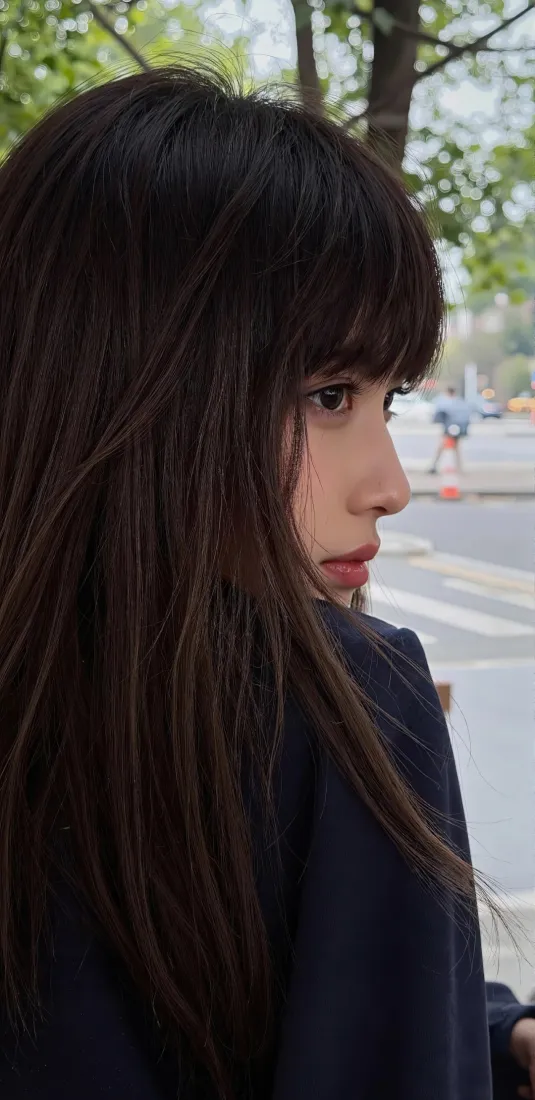 长发女生侧脸手机壁纸｜绿意街景背景图片 - 深色衣服「哲风壁纸」