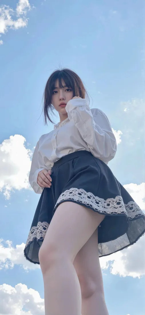 少女手机壁纸｜蓝天背景图片 - 白色上衣黑色蕾丝裙「哲风壁纸」
