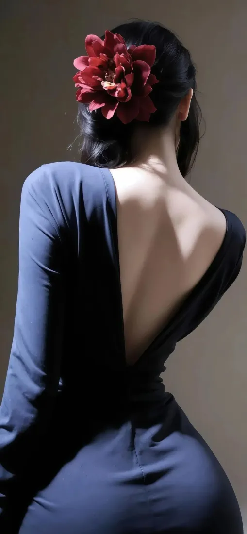女性背影手机壁纸｜深蓝露背裙背景图片 - 红花朵「哲风壁纸」