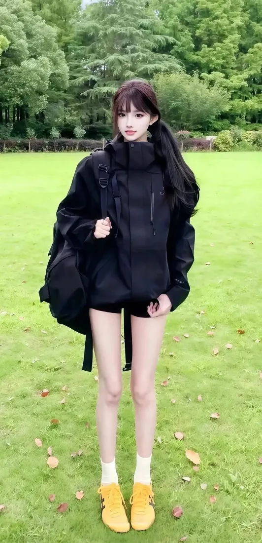 双马尾女孩手机壁纸｜草地背景图片 - 黑色外套黄鞋「哲风壁纸」