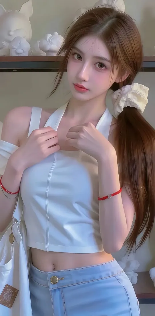 女生手机壁纸｜室内背景图片 - 白色上衣牛仔短裤「哲风壁纸」