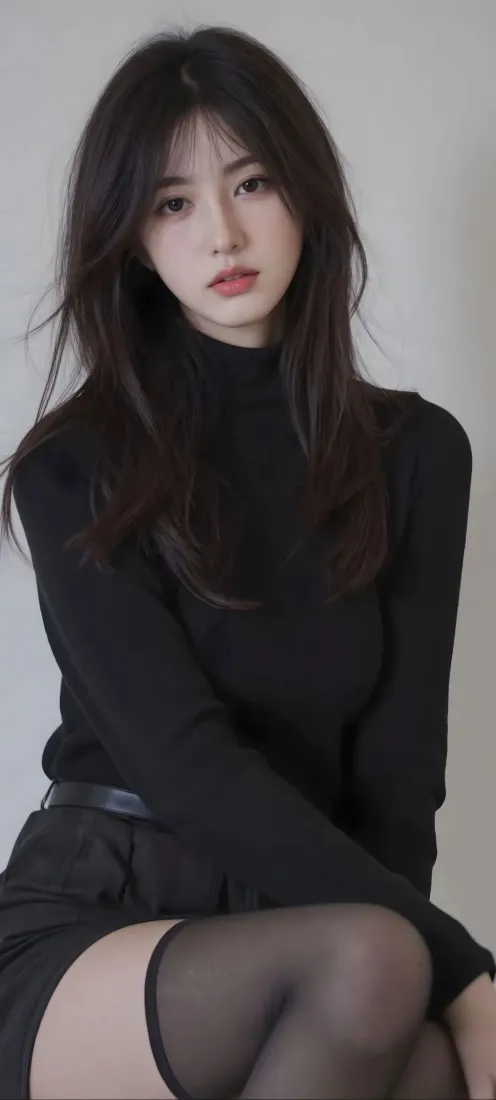 黑衣美女手机壁纸｜黑丝背景图片 - 红唇长发「哲风壁纸」