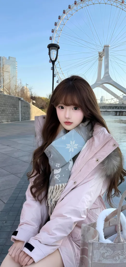 粉色外套美女手机壁纸｜摩天轮背景 - 城市街景「哲风壁纸」