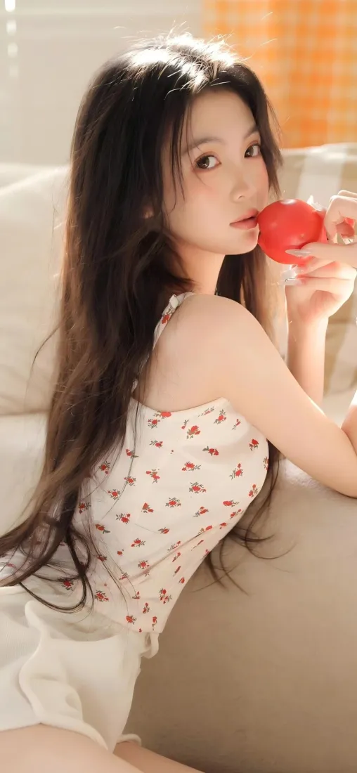 长发美女手机壁纸｜居家背景图片 - 红衣饮料甜美「哲风壁纸」