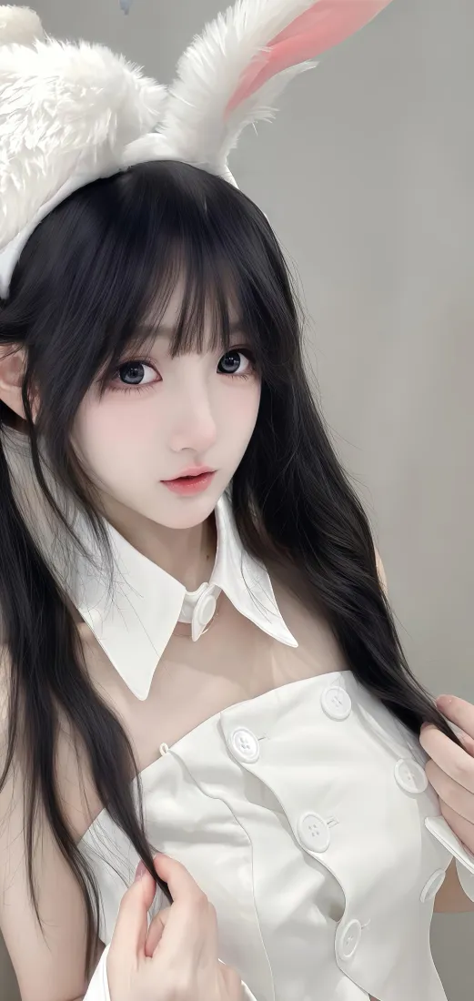 兔耳美女手机壁纸｜白衣背景图片 - Ios「哲风壁纸」