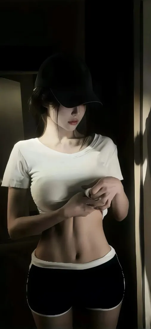 健身美女手机壁纸｜室内背景图片 - 黑衣短裤腹肌「哲风壁纸」